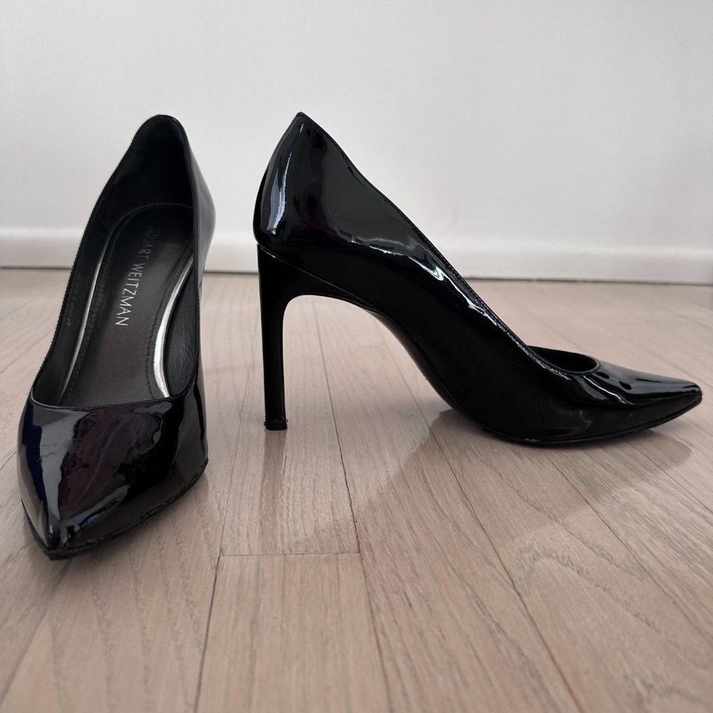 Stuart Weitzman Black Patent Leather Heist Pointed Toe Pump -US 8